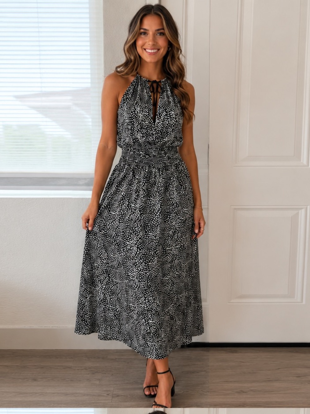 Forever Black & White Halter Maxi Dress Size S